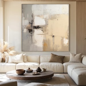 Neutral Abstract Wall Art, Wabi-Sabi Textured Canvas Painting, Beige Gray Minimalist Artwork for Living Room or Office Interior Decor