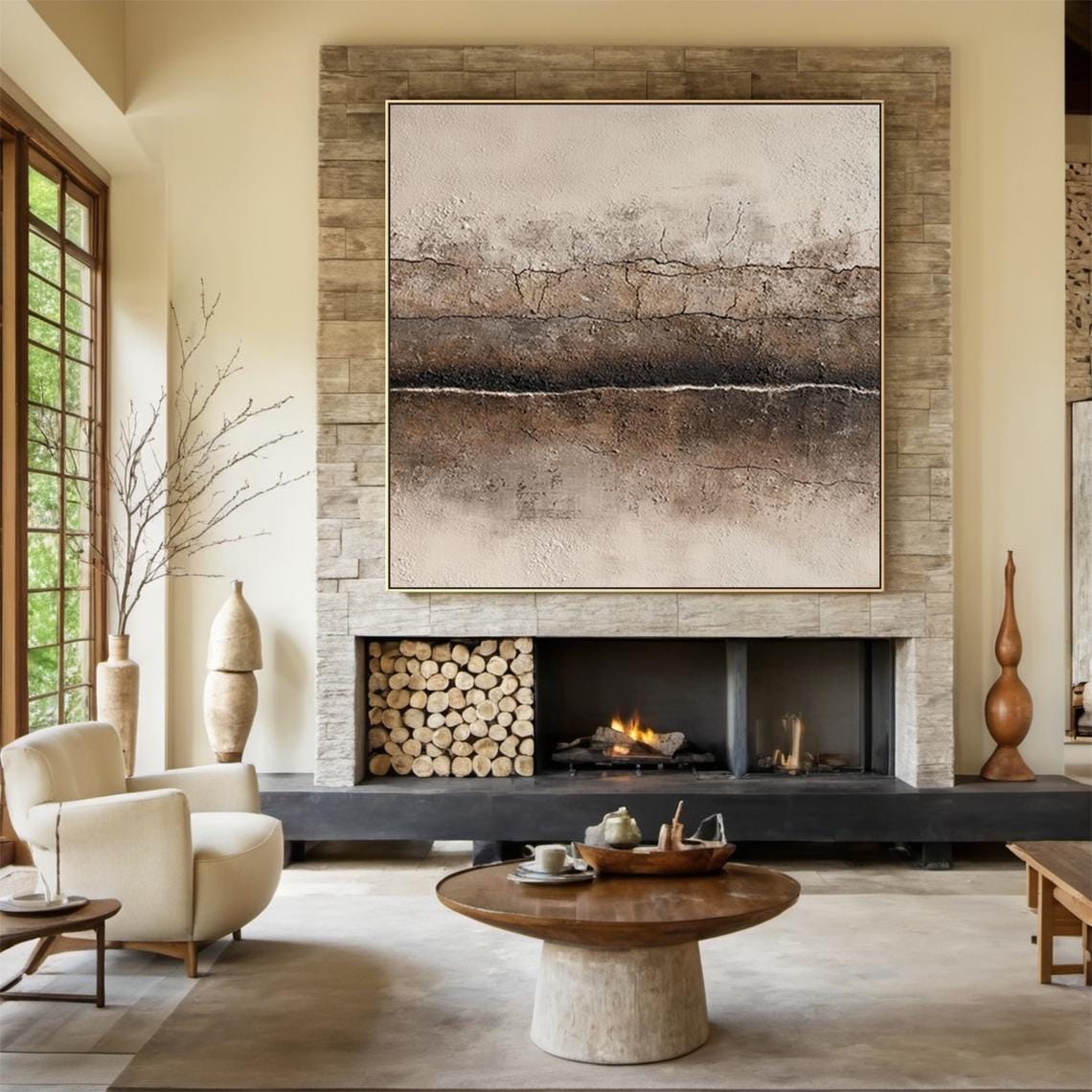 Image showcasing Minimalist Abstract Wall Art, Textured Oil Painting on Canvas, Neutral ...
