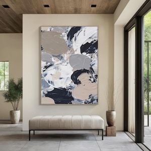 Beige Black Texture Painting on Canvas Wabi Sabi Wall Art Beige Minimalist Wall Art for Livingroom Black Texture Art Neutral Wall Art Framed