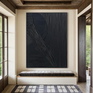 Schwarzes Wabi-Sabi Ölgemälde, minimalistische abstrakte Leinwandkunst, schwarze 3D-Texturkunst, großes Wandbild für Wohnzimmer und Wohnkultur
