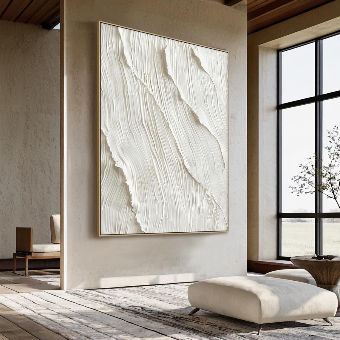 White 3D Texture Minimalist Painting Large Abstract Hand-Paint 3D Textured Nordic Painting Beige Large Modern Neutral Living Room Wall Decor