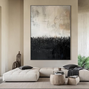 Beige zwarte textuur schilderij op canvas Wabi Sabi muurkunst Beige minimalistische muurkunst voor woonkamer Zwarte textuur kunst neutrale muurkunst ingelijst