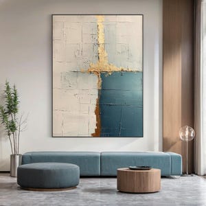 Beige Blue Texture Painting on Canvas  Gold Accent Wall Art  Abstract Minimalist Wall Art for Livingroom  Blue Texture Art Neutral Wall Art