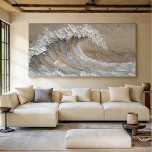 3D White Ocean Wave Oil Painting Canvas Minimalist Painting Texture Wall Art, Boho Wabi Sabi Oil, Living Room Painting Fashion Home Decor