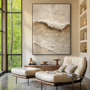 Original Beige Large Canvas Abstract Oil Painting, 3D Plaster Style Texture Wall art, Wave Painting Wabi-Sabi Wall Art, Personalized Gift
