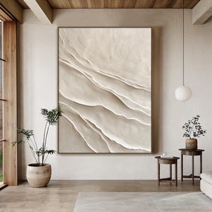 Peinture minimaliste 3D beige Grande peinture abstraite blanche Peinture texturée 3D Texture minimaliste beige Décoration murale abstraite moderne neutre