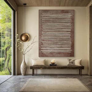 Warm Brown Textured Wall Art Wabi Sabi Minimalist Painting 3D Neutral Canvas Art Beige and White Line Abstract Art for Livingroom Decor