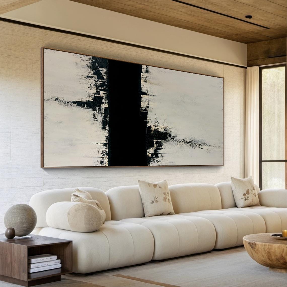Minimalist Black and Beige Wall Art, Neutral Abstract Canvas Painting ...