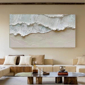 Peinture 3D blanche vague de l'océan sur toile Peinture minimaliste de plage, art mural texturé, art mural wabi-sabi, peinture de salon, décoration tendance
