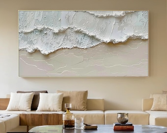 3D White Ocean Wave Painting on Canvas Minimalist Beach Painting Textured Wall Art, Wabi-Sabi Wall Art, Living Room Painting Fashion Decor