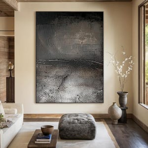 Black Gray Minimalist Wall Art, Large Original Abstract Painting, Oversized Textured Canvas Art, Neutral Wabi-sabi Artwork, Home Decor Art