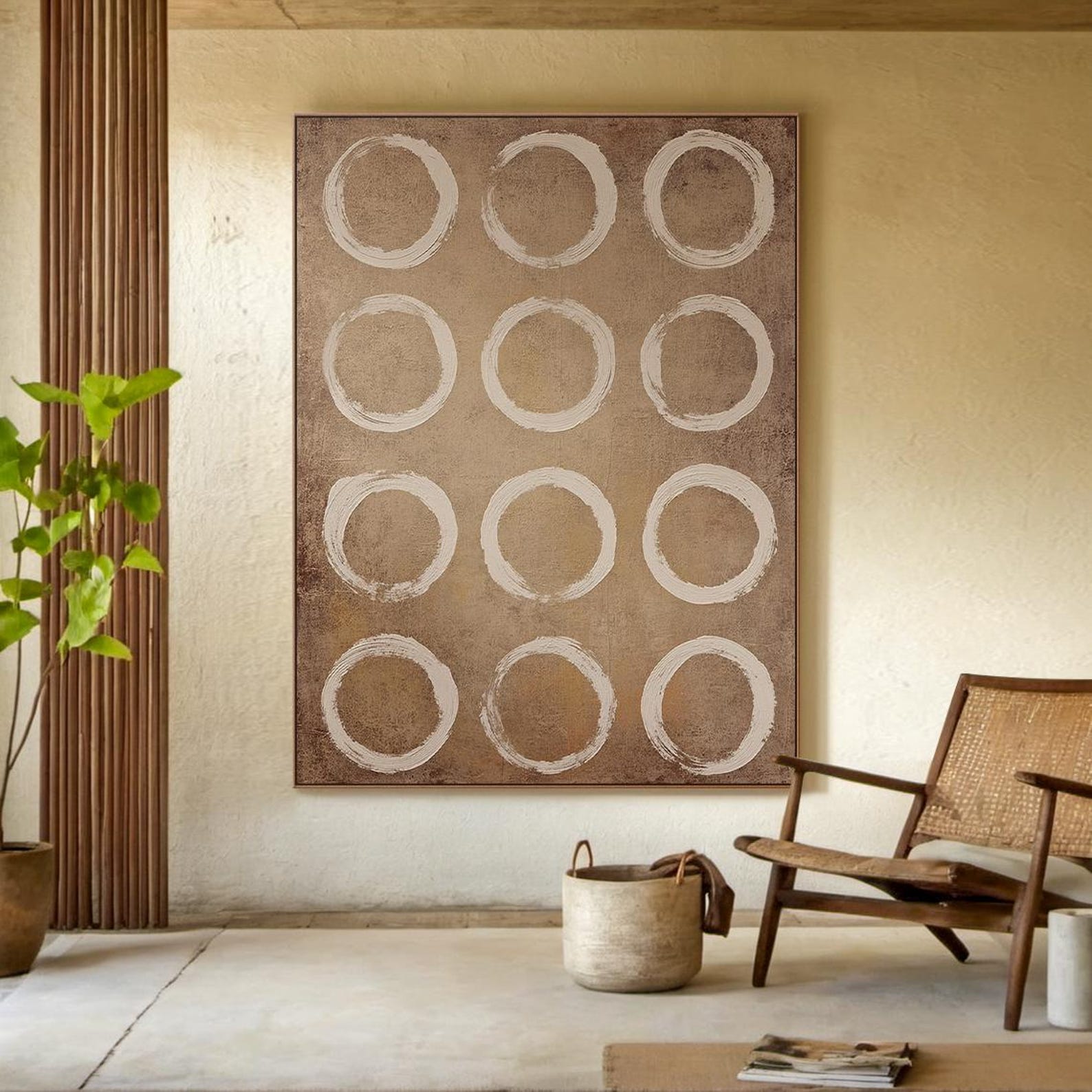 Beige Wabi Sabi Circle Painting on Canvas, Geometric Abstract Wall Art ...