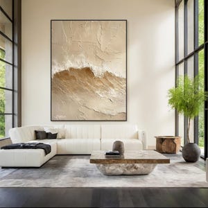 Abstract Wave Oil Painting – Beige Sand Coastal Wall Art – Minimalist Ocean Texture Painting – Neutral Living Room Artwork