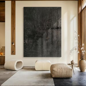 Black texture oil painting art, minimalist art abstract home wall decoration, modern luxury horizontal vertical living room wall decor