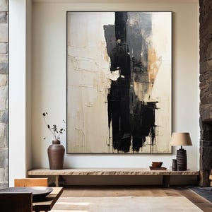 Art mural minimaliste texturé Art minimaliste beige noir, peinture texturée 3D beige Art mural texturé pur plâtre Art de niveau vertical