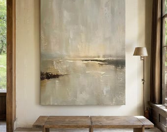 Beige Large Abstract Landscape Oil Painting on Canvas, Neutral Texture Wall Art, Calm Sea, Modern Living Room Wall Art, Wabi Sabi Wall Art