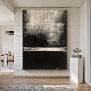 Modern Abstract Black and White Canvas Art, Minimalist Texture Painting,Black Wabi-sabi art, Thick Impasto Art For Living Room  Office