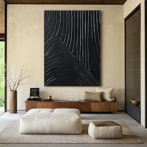 Black Wabi-sabi Wall Art, Minimalist Abstract Oil Painting, Textured Geometric Art for Living Room, , Modern Home Decor