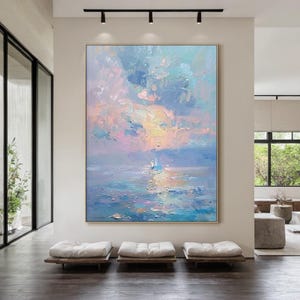 Pintura al óleo de colores modernos con estado de ánimo, arte de pared, impresión abstracta original de primavera, púrpura, azul, océano, cielo, paisaje pintado a mano, decoración para el hogar, marco grande