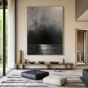Black abstract canvas oil painting, black minimalist wabi-sabi wall art, grey texture abstract art, living room wall decor