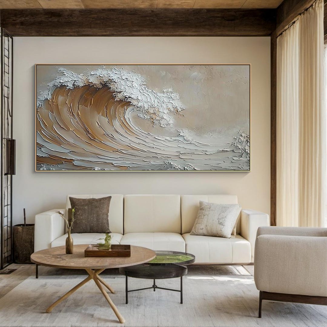 3D Ocean Wave Beige Texture Oil Painting Wabi-sabi Art Abstract Art ...
