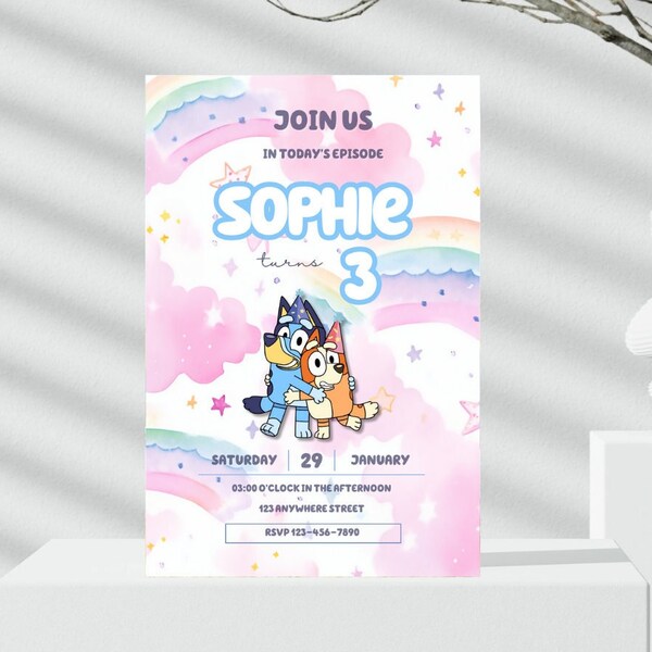 Bluey Birthday Invitation, Rainbow Bluey Invitation, Canva Editable Template, Digital Printable Download, Birthday Party Card, Party Favours