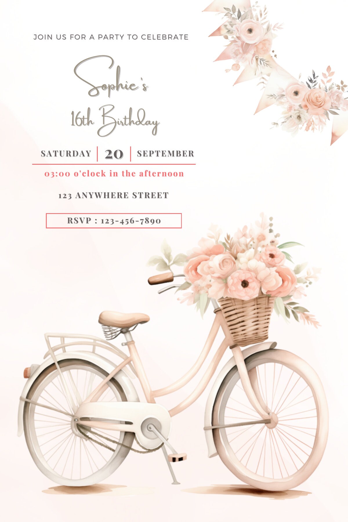 Party Invitation Card, Bike Bicycle Birthday Invitation, Canva Editable ...
