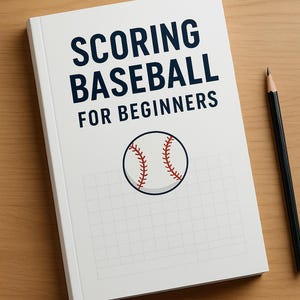 May include: A white notebook with the text "SCORING BASEBALL FOR BEGINNERS" in navy blue. A baseball graphic is below the text. A black pencil rests on a wooden surface next to the notebook.