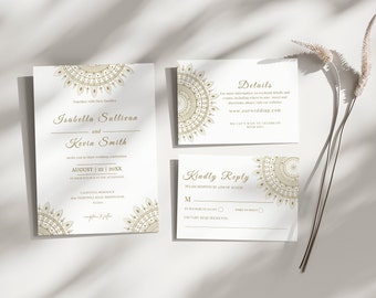 Gold Mandala Wedding Invitation Template Set | Editable Mandala Invitation | RSVP +Details | Editable Wedding Invitation Suite | MANDALA-2