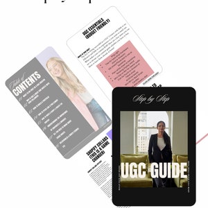May include: A black and white image of a step-by-step guide for creating user-generated content (UGC) for a business. The guide includes tips on how to build a portfolio, pitch to brands, and understand contracts. The guide also includes a section on Shopify collaborations and UGC essentials.