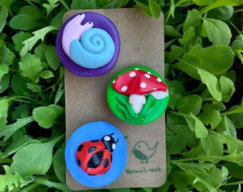 Gift set of 3 Badges, Toadstool Mushroom, Ladybug and Snail scout badge for all nature lovers. Polymer clay, bright lively fun colours.