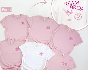 May include: Set of six pink and white t-shirts with different text designs. The shirts feature the text "Team Bride", "Future Bride", "Maid of Honor", and "Last Fling Before The Ring".