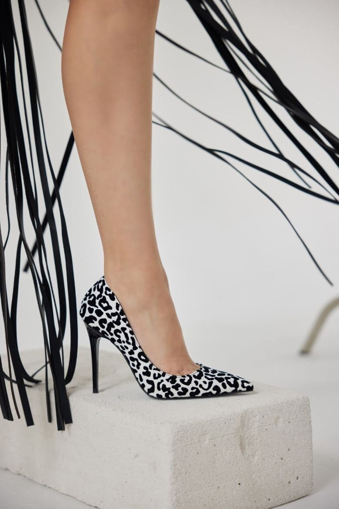 Sofia Black Leopard Leather Stiletto High Heels Pumps Shoes