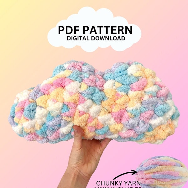 Chunky knit yarn crochet cloud cushion PDF pattern suitable for beginners to make cloud pillow for nursery decor or homewares NO SEW