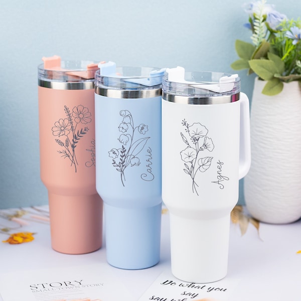 Personalized Birth Flower 40oz Tumbler With Name,Custom 40oz Tumbler with Handle & Straw,Insulated Engraved Cup,Bridesmaid Gift,Gift for Mom