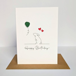 Cartão de aniversário personalizado com coelho de arte em linha com balão de vidro marinho – Cartão exclusivo feito à mão – Cartão de aniversário personalizável