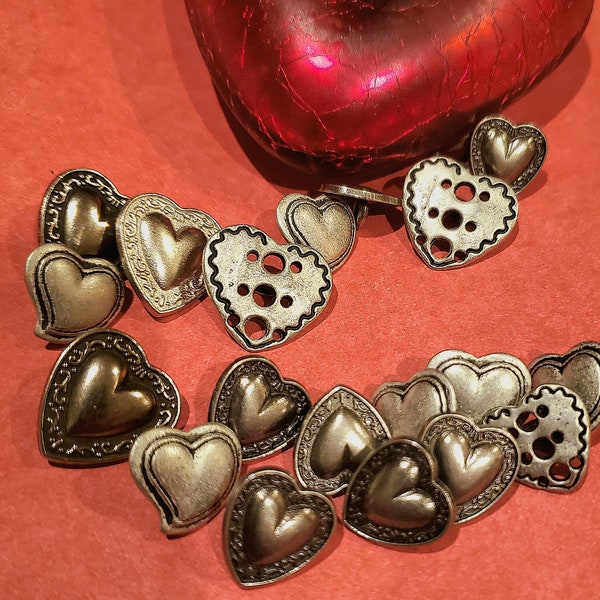12 Vintage Hearts, Button Assortment, Shank Buttons, Metal, 12 Heart pcs