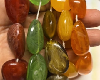 8 Resin Smooth Drops, 1" Beads,  Green Apple, Golden, Salmon, Caramel