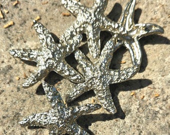 2 Silver Starfish, 2" Large & Textured, Bright, Fun, Pendant, Ocean Beach Decoration