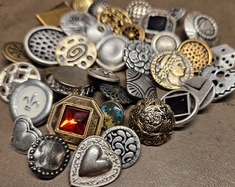 50 Vintage Button Assortment, Shank Back Mixed Silver, Brass, Antique Tones