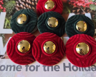 Oferta especial de Navidad: botones de terciopelo vintage. Lote de 6 botones rojos y verdes.