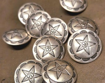7 botones de estilo occidental, plata antigua, diseño de estrella, con vástago en la parte posterior, 23 mm.