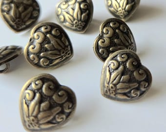 7 botones de corazón vintage, bronce antiguo, 15 mm, con vástago, para costura, acolchado y manualidades.