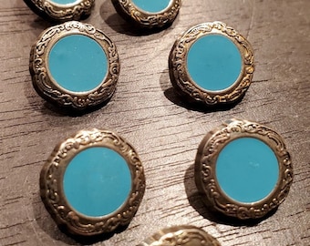 7 Turquoise Silver Buttons, Blue Enamel Center, Scroll Design, Shank Buttons