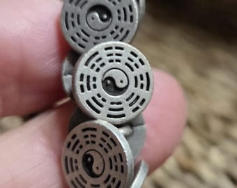 9 Yin Yang 3/8 inch (10mm) Buttons, Antique Silver ,  Sewing, Journaling, Closures, Shank back