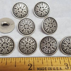 9 Buttons,  I Ching Pattern, 5/8 inch (15mm)  Metal Buttons Raised Silver Pattern