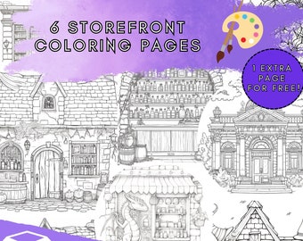 6 Storefront Coloring Pages | Fantasy Storefronts Witch House Dragon Shop Potion Shop Coloring Page | HD PNG & PDF | 1 Free Coloring Page