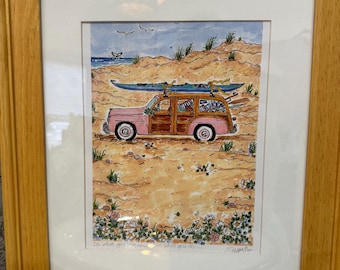 Vintage Beach House Wall Art Pink Woodie Wagon Coastal Cottage surf beach Print, signed & framed.