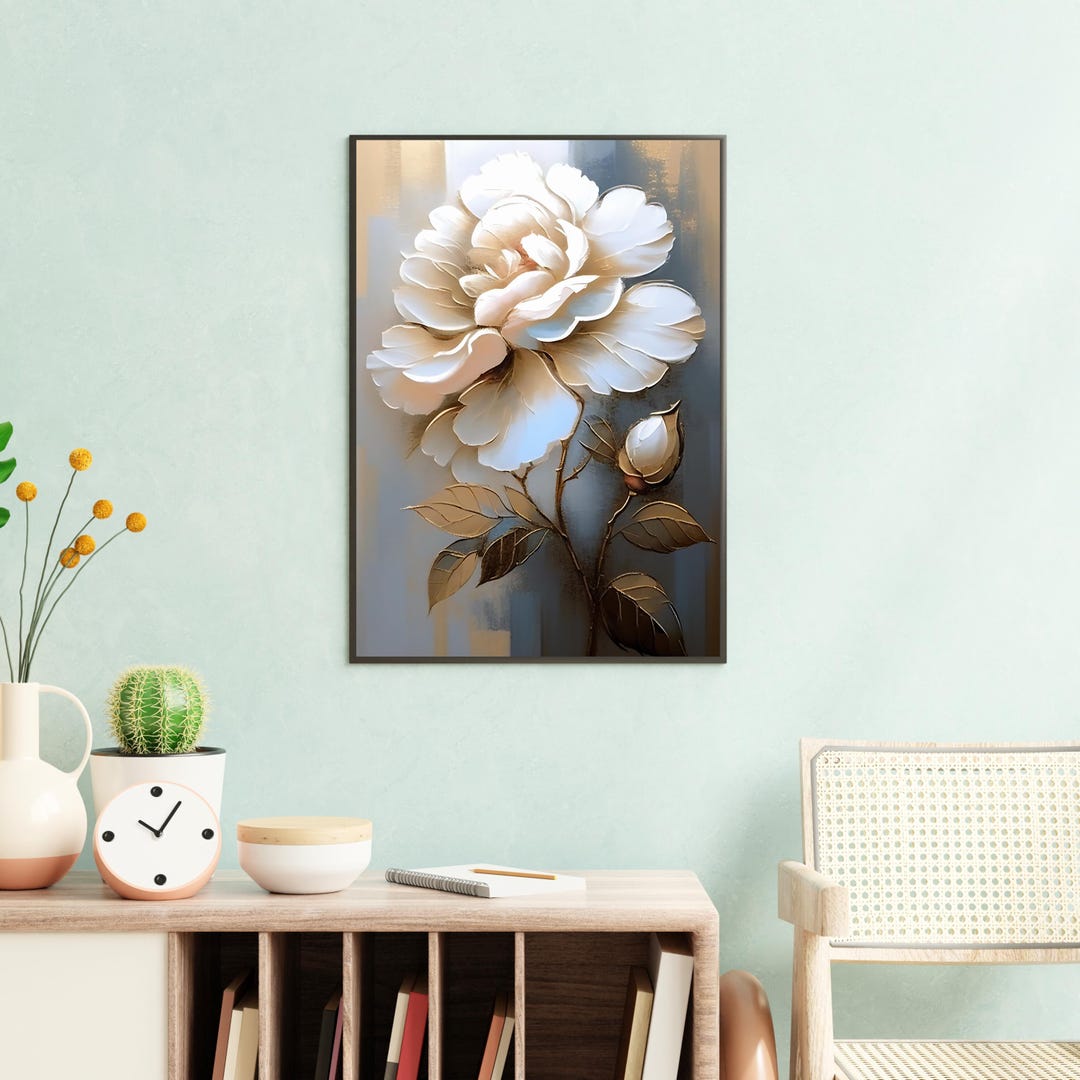 Printable Gold Flower Oil Painting Wall Art, White Textured Wall Art ...