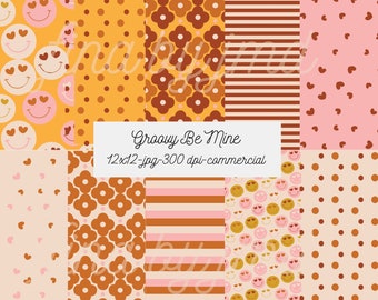 Groovy Be Mine Valentine  - Retro - orange/pink/mustard - seamless digital patterns - Galentine 2024